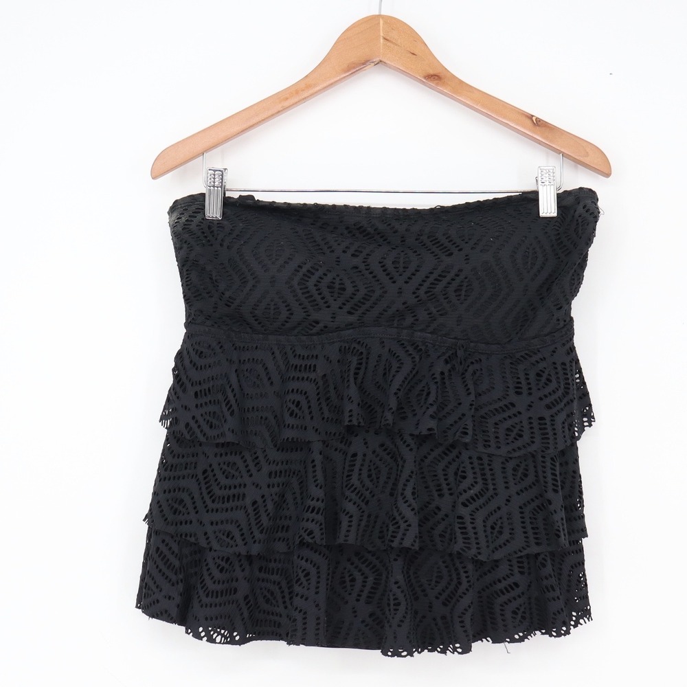 Island Escape Swim Skirt Womens XL Ruffle Tiered Black Crochet Lace Excellent